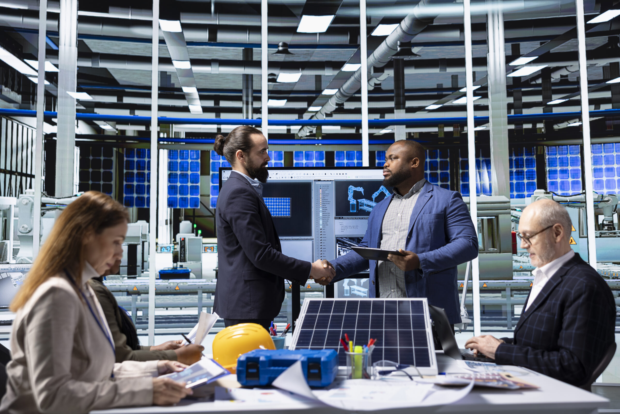 industrial plant managers greet investors, doing handshake, showcasing product